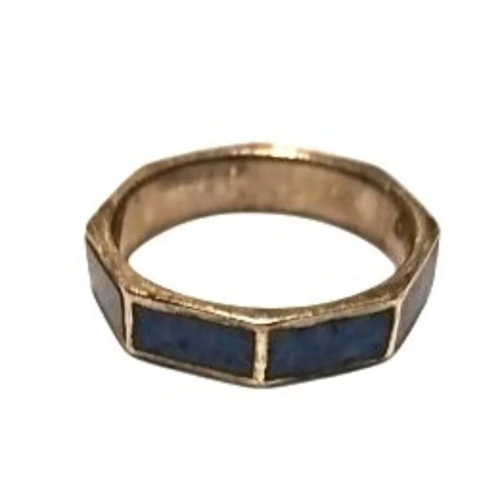Sterling Silver Ring Toe Pinky‎ W/ Blue Enamel Inlay Octagon